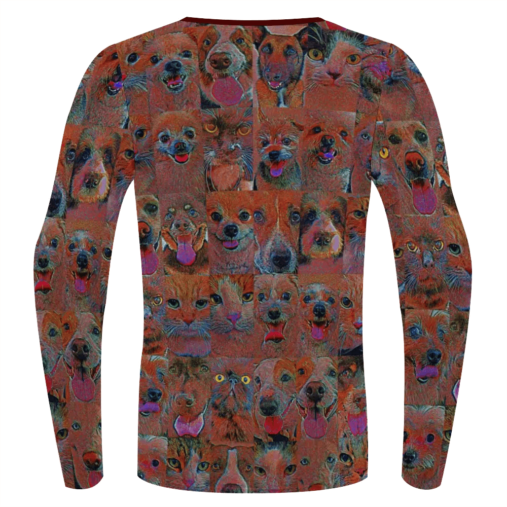 Stretchable long sleeve tee featuring a vibrant collage of dog faces for a unique and playful look.